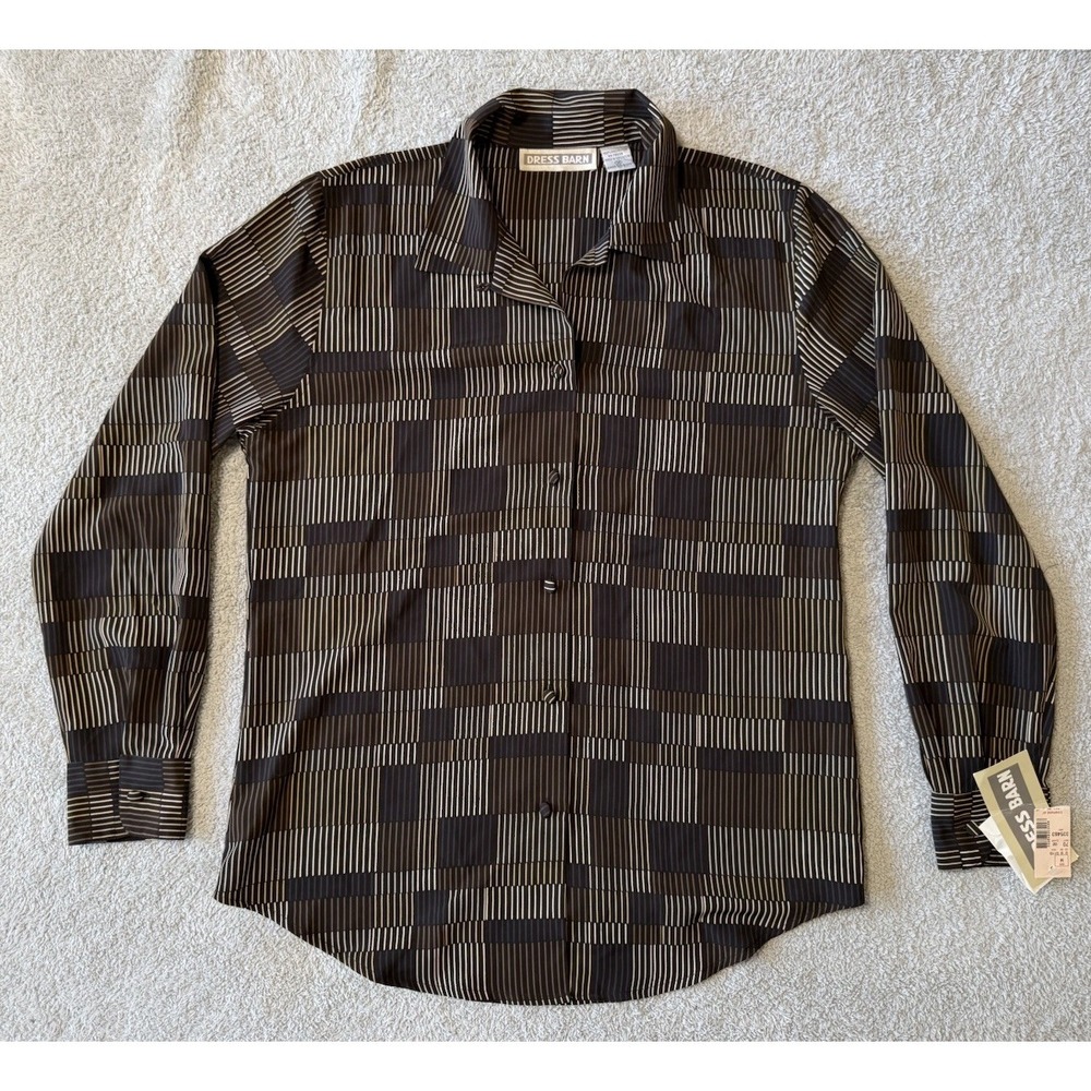 NWT Dress Barn Button Up Blouse Long Sleeve Brown Shirt Womens Size M